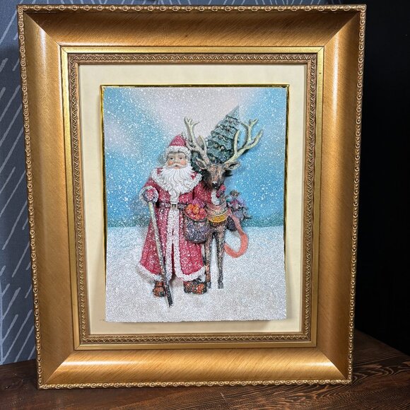Vintage 3D Santa with Reindeer Framed Christmas Decor Textured Relief Wall Art - Picture 1 of 14